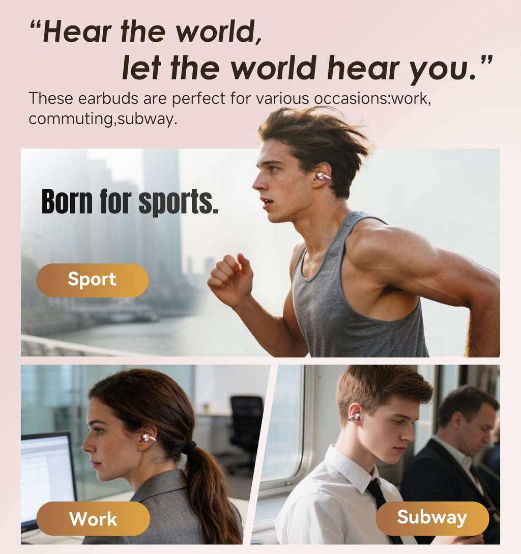 Kinglucky Clip-On Earbuds Gen 3, Open-Ear Wireless Bluetooth 6.0 Headphones with Mic, Secure Fit for Small Ears & Glasses Wearers, 50H Playtime, LED Digital Display, ENC, IPX5 Waterproof(Balck)