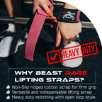 BEAST RAGE Weight Lifting Straps Fitness Padded Cotton Wrist Support Gel Advanced Grips Dumbbell Bar Wraps Heavy Duty Gym Bodybuilding Straps Power Deadlift Barbells Non Slip Exercise