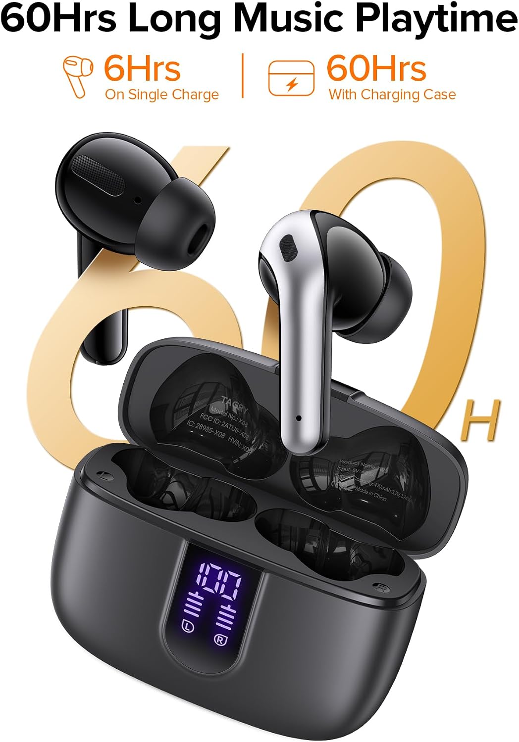 TAGRY Bluetooth Headphones True Wireless Earbuds 60H Playback LED Power Display Earphones with Wireless Charging Case IPX5 Waterproof in-Ear Ear buds with Mic for TV Smart Phone Laptop Computer Sports