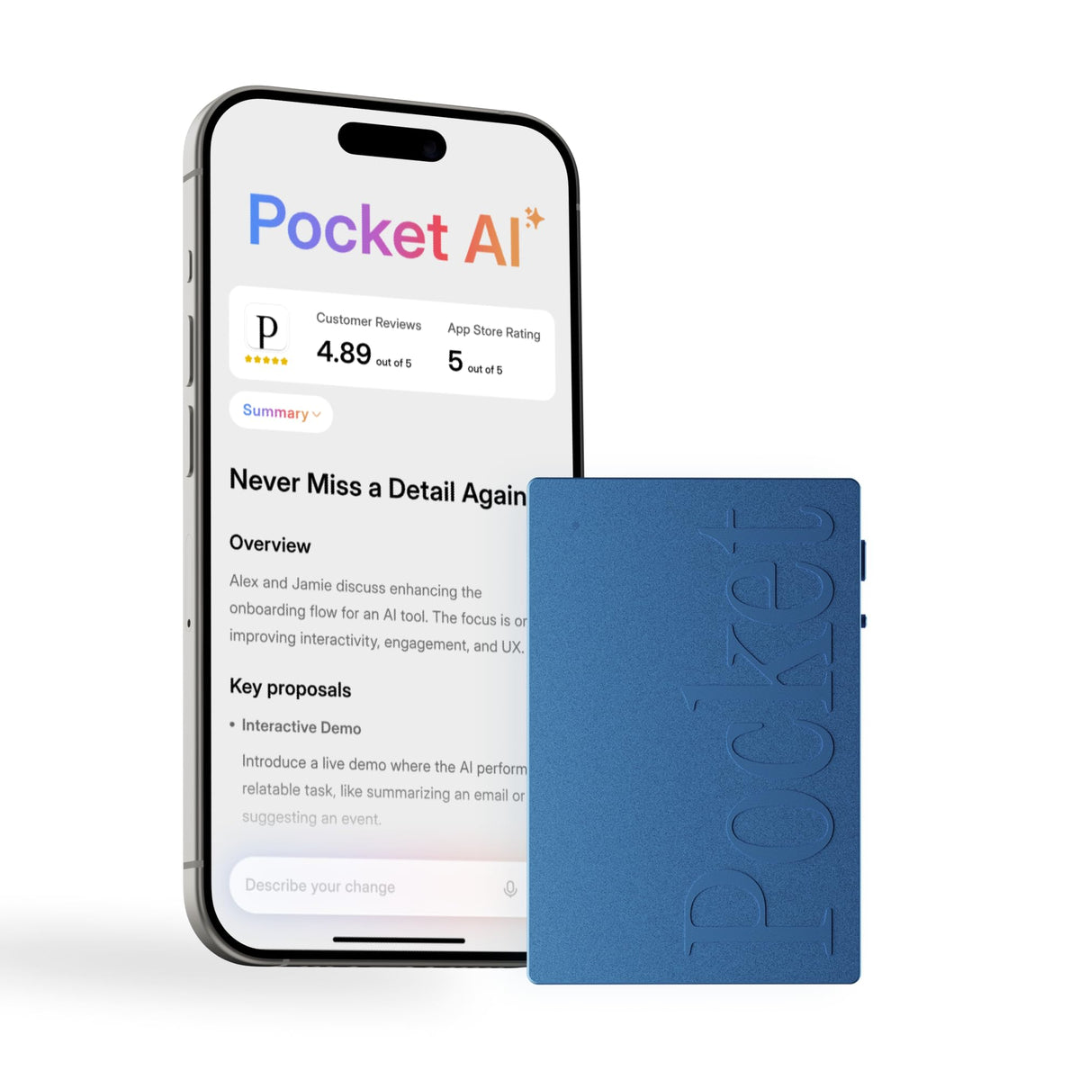 Pocket AI Voice Recorder, Auto Transcription, AI Note Taker, Space Grey