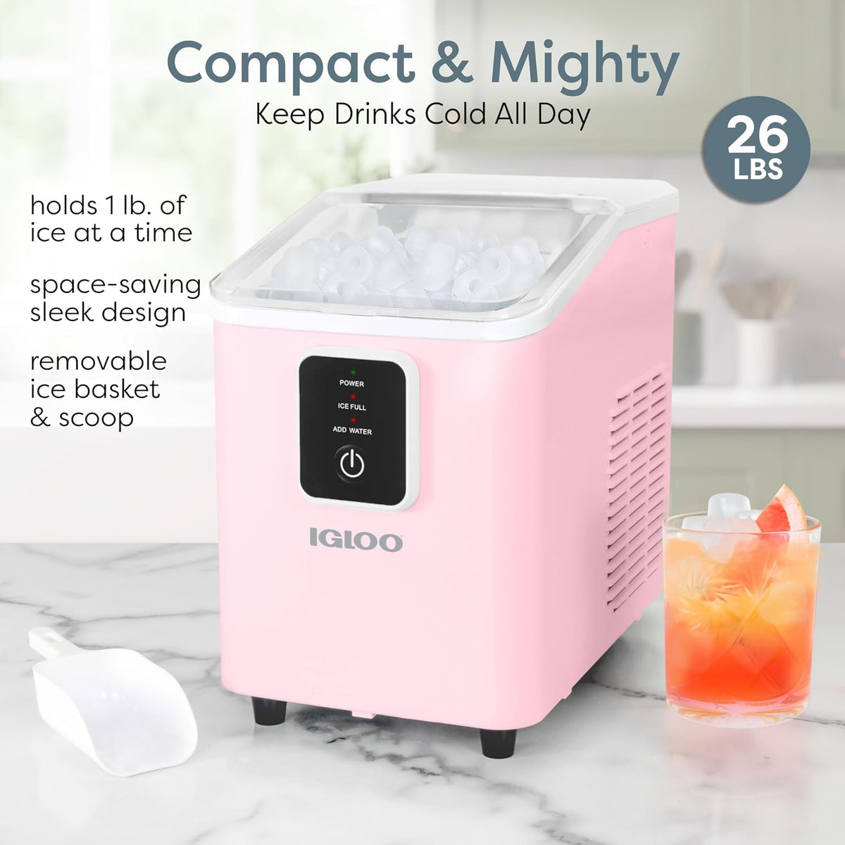 Igloo Ice Maker Countertop, Portable Ice Maker with Handle, 26lbs, Black