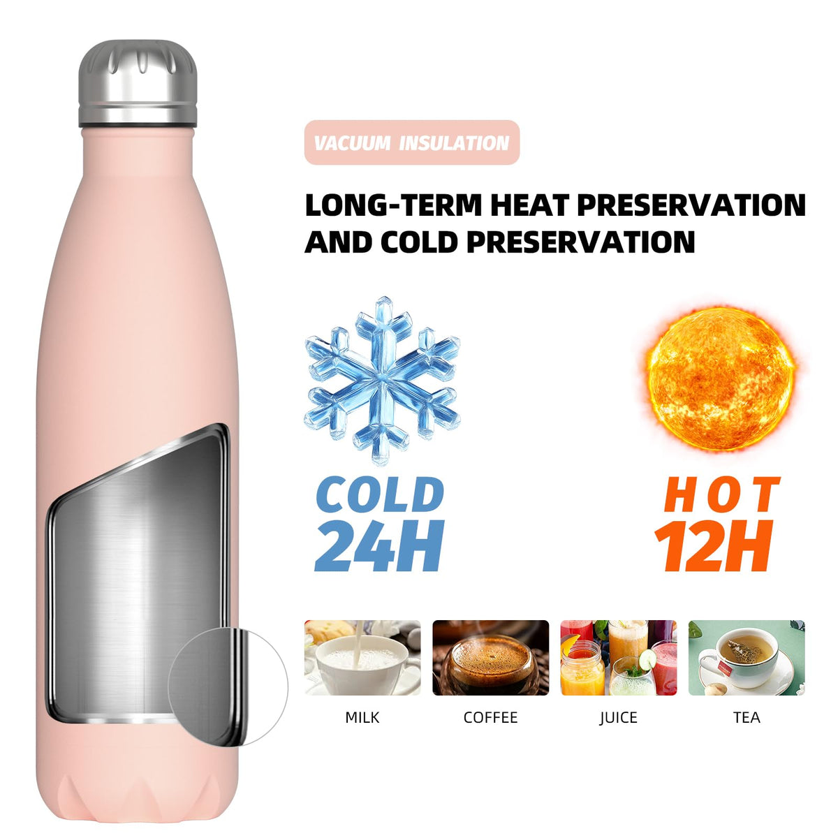 Stainless Steel Insulated Water Bottle, WATERSY Double Walled Metal Vacuum Flask Keep 24 Hrs Cold & 12 Hrs Hot Thermal Metal Sports Bottles 500ml BPA Free for Outdoor, Work, Gym, School (Black)