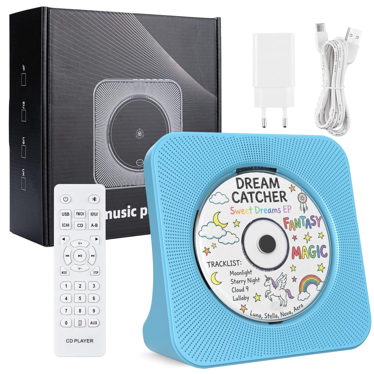 Portable CD Player with Bluetooth, Gueray Desktop CD Players for Home, Bulit-in Double HiFi Speakers, AUX&Headphone Jack, FM Radio Boombox with Remote Control, USB Port,LCD Display (White)