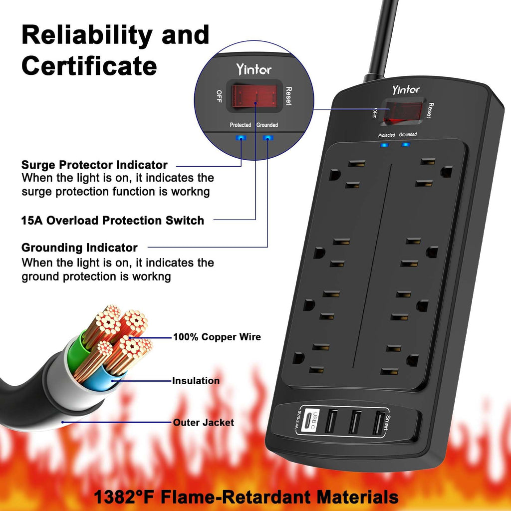 Yintar 6Ft Surge Protector Power Strip with 8 Outlets and 4 USB Ports
