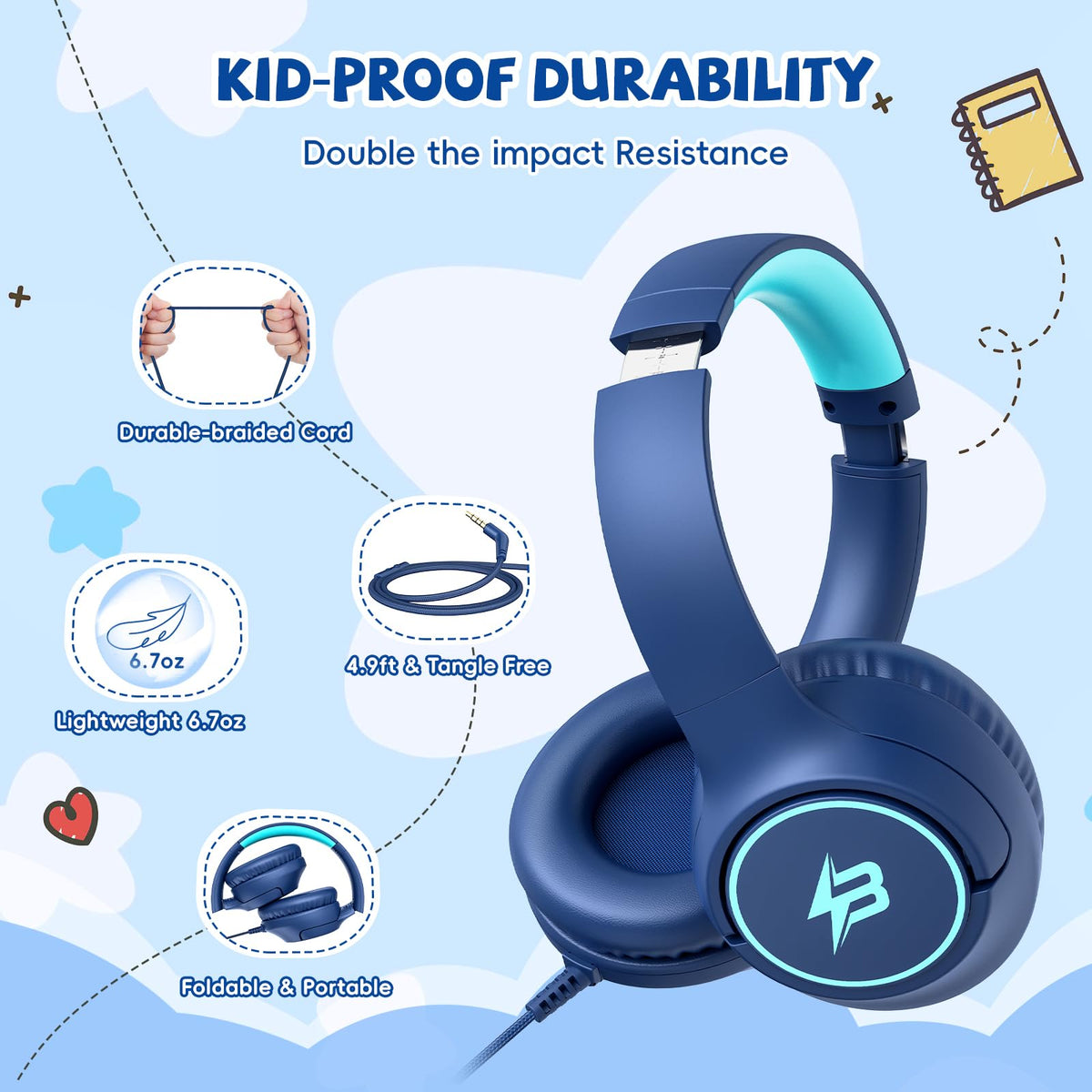 Botesty Sound Kids Headphones Wired for School, 3.5 Plug Safe Volume Purple
