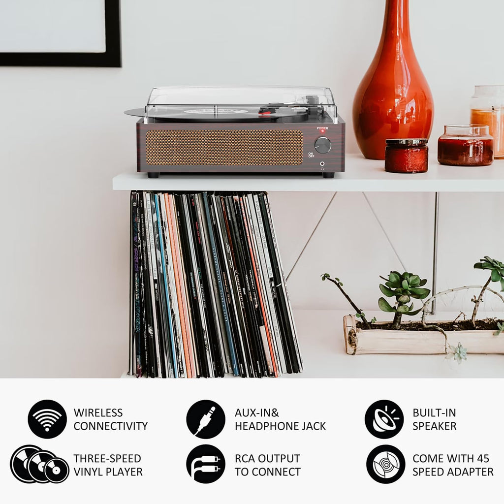Seasonlife® Retro Vinyl Record Player with Stereo Speakers,Walnut Brown