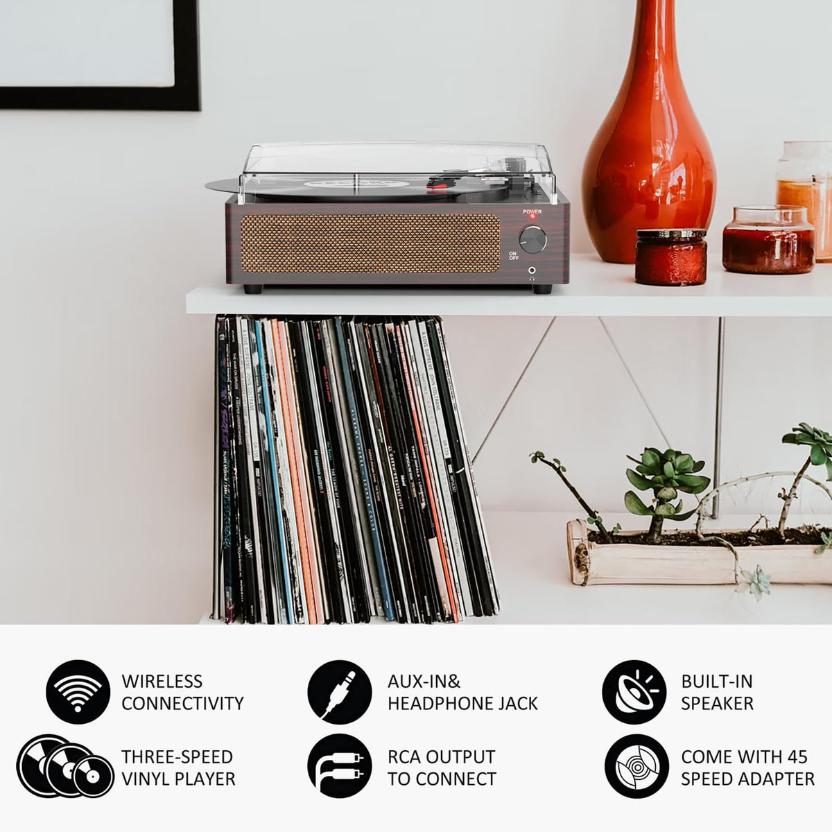 Seasonlife® Retro Vinyl Record Player with Stereo Speakers,Walnut Brown