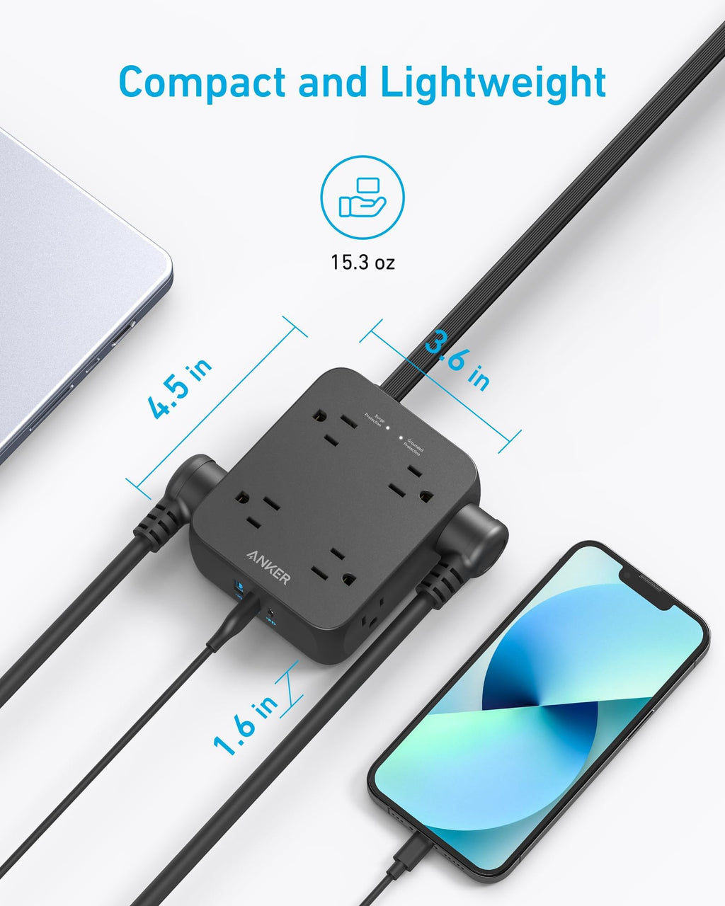 Anker Power Strip with 2000J Surge Protector, 10ft Outlet Extender, 20W 8AC