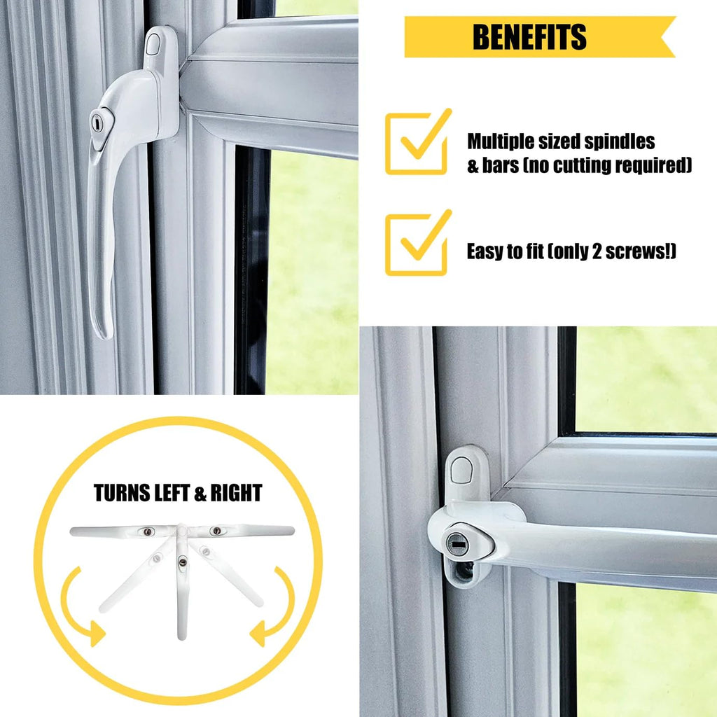 Home Secure™ Universal Locking uPVC Window Handle with Keys – Espag Window Handle Replacement, Reversible Left or Right, Multi-Spindle Fit, White