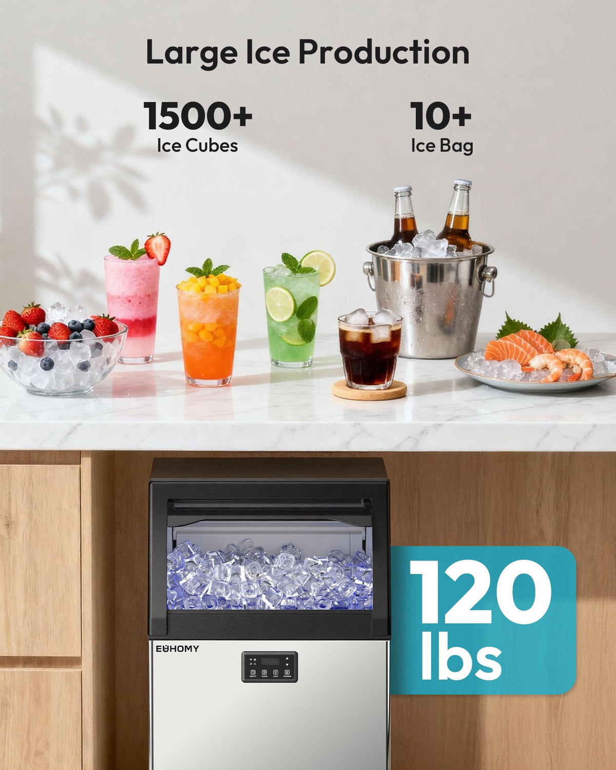 EUHOMY 15" Under Counter Ice Maker, 90lbs/24H, 24lb Bin, Gravity Drainage