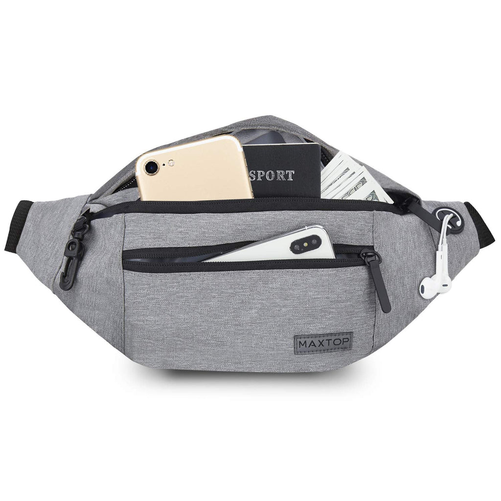 MAXTOP Large Bumbag Waist Fanny Pack Running Belt for Men Women Unisex Bum Bag with Headphone Jack and 4-Zipper Pockets Adjustable Belt for Travel Running Jogging Workout Hiking Gifts All Black