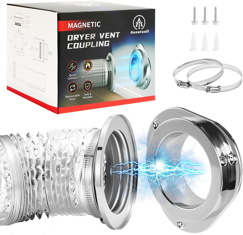 DV180 Magnetic Dryer Vent Kit, Airtight Seal Magntic Drver Vent Connector Kit, Including 6-Ply Aluminum Foil Duct and 2 Clamps, Easy to Clean Quick Connector