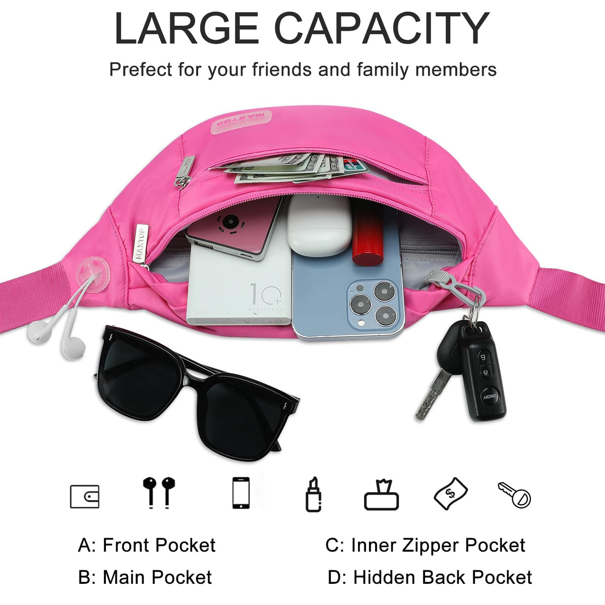 MAXTOP Large Bumbag Waist Fanny Pack Running Belt for Men Women Unisex Bum Bag with Headphone Jack and 4-Zipper Pockets Adjustable Belt for Travel Running Jogging Workout Hiking Gifts All Black