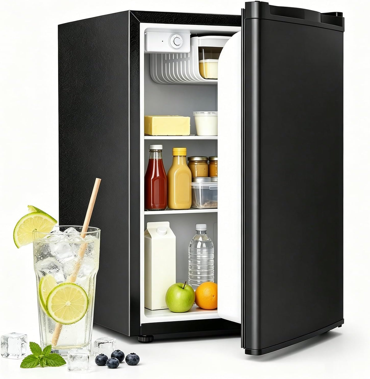 COWSAR 2.6 Cu.Ft Mini Fridge with Freezer, Freestanding Compact Refrigerator with Reversible Door & 7-Speed Thermostat, Small Fridge for Office, Apartment, Gameroom (BLACK)