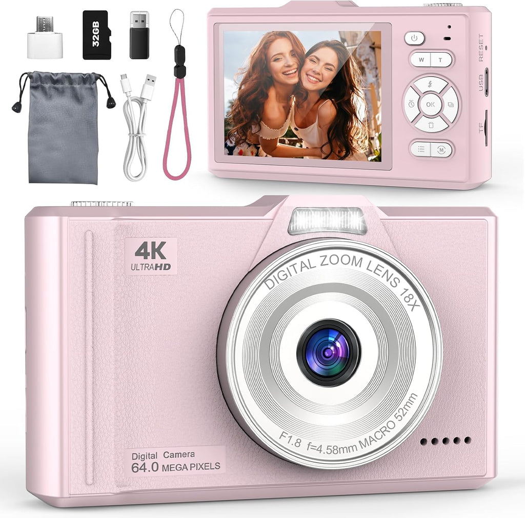 Digital Camera 4K 64MP Portable Vlogging Camera with 32GB SD Card