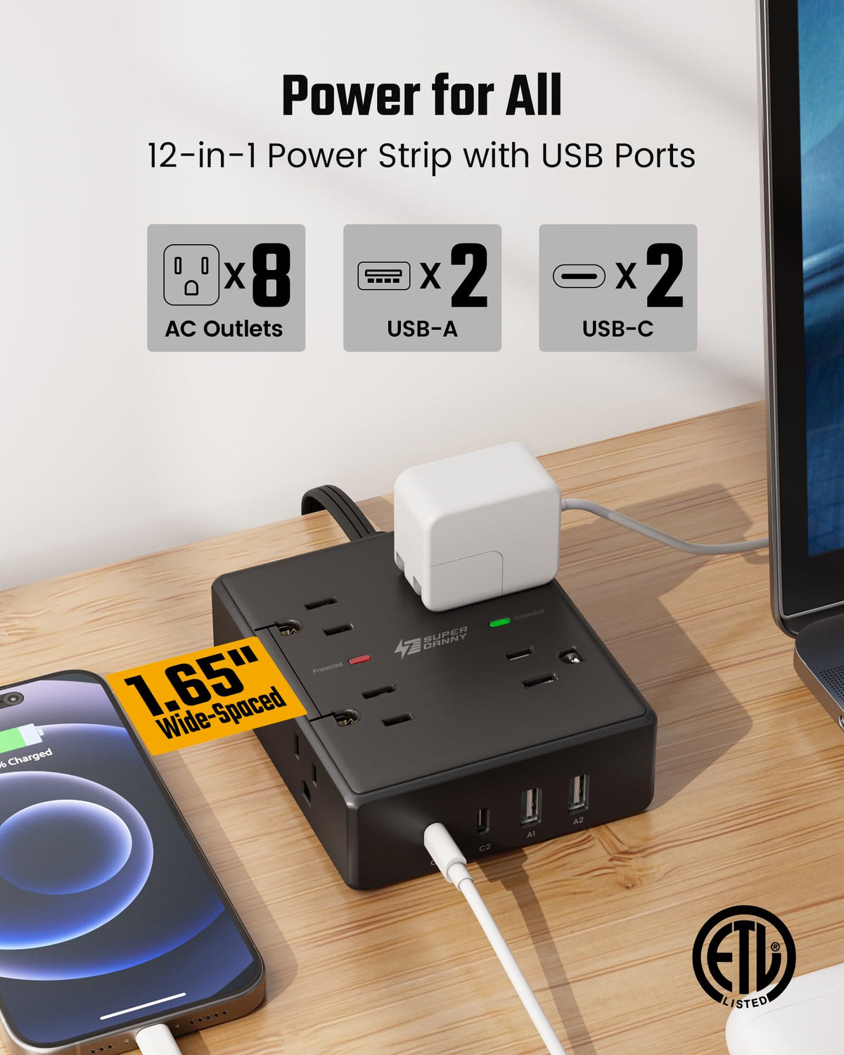 SUPERDANNY Extension Cord,Flat Plug Surge Protector Power Strip,6Ft