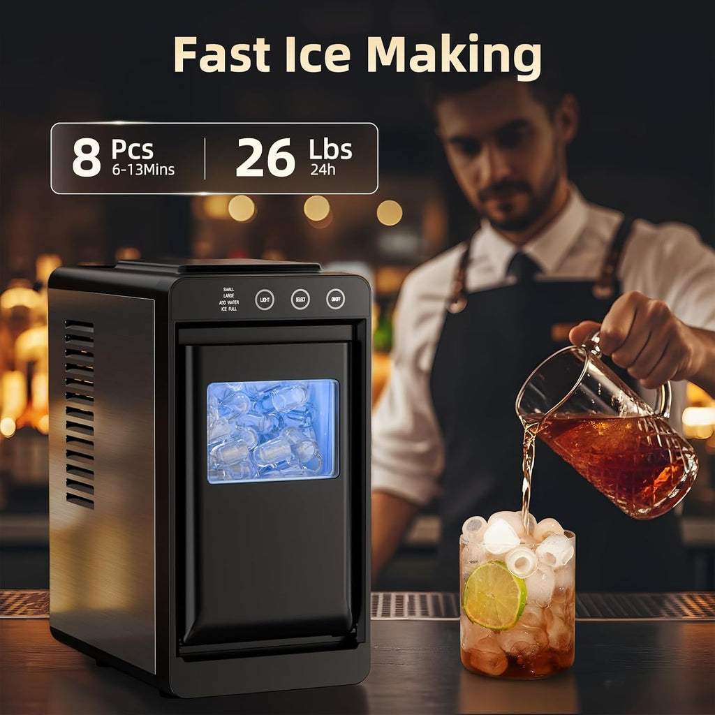 Countertop Portable Ice Maker, 8 Cubes in 6 Mins Fast Ice Making, 26Lbs Ice Per Day Auto Self-Cleaning Ice Machine with Ice Basket & Scoop, Compact Mini Ice Maker for Home Kitchen Office Bar RV Travel