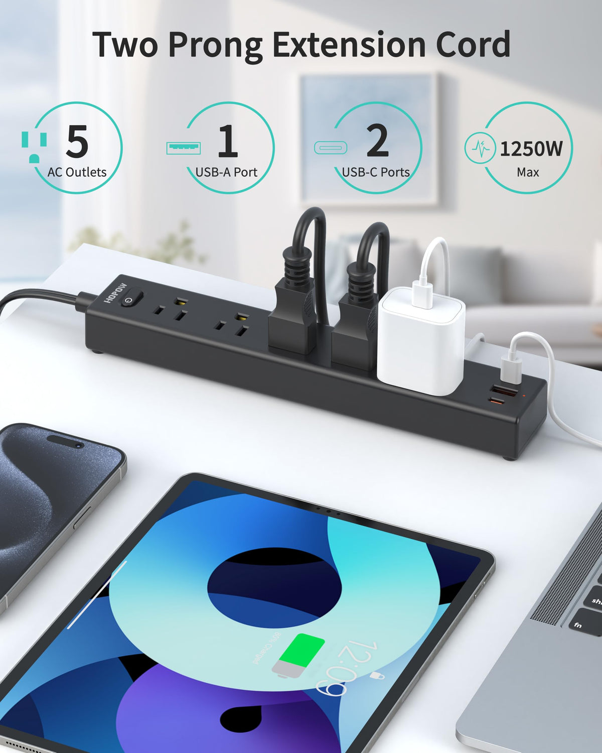 6FT Surge Protector Power Strip, 1700J, 5AC&1A2C, Flat Plug Extension Cord