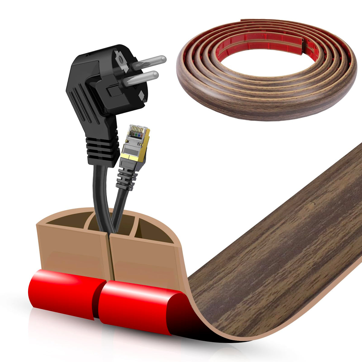 Floor Cord Cover Self Adhesive Cord Hider,3.3FT Cable Management, Extension Strip Protector for Wires, Prevent Cable Trips for Offices, Gyms, Exhibitions Cavity:0.3"(W) x 0.28"(H) Brown Wood