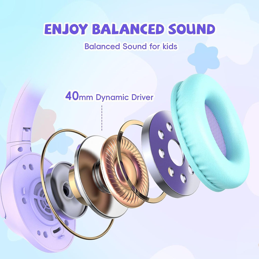 Botesty Sound Kids Headphones Wired for School, 3.5 Plug Safe Volume Purple