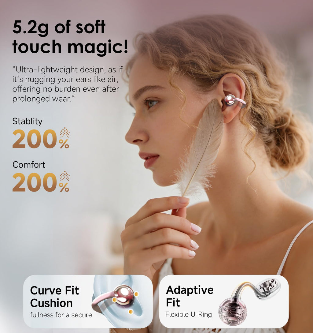 Kinglucky Clip-On Earbuds Gen 3, Open-Ear Wireless Bluetooth 6.0 Headphones with Mic, Secure Fit for Small Ears & Glasses Wearers, 50H Playtime, LED Digital Display, ENC, IPX5 Waterproof(Balck)