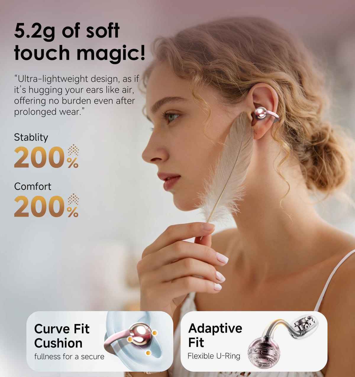 Kinglucky Clip-On Earbuds Gen 3, Open-Ear Wireless Bluetooth 6.0 Headphones with Mic, Secure Fit for Small Ears & Glasses Wearers, 50H Playtime, LED Digital Display, ENC, IPX5 Waterproof(Balck)