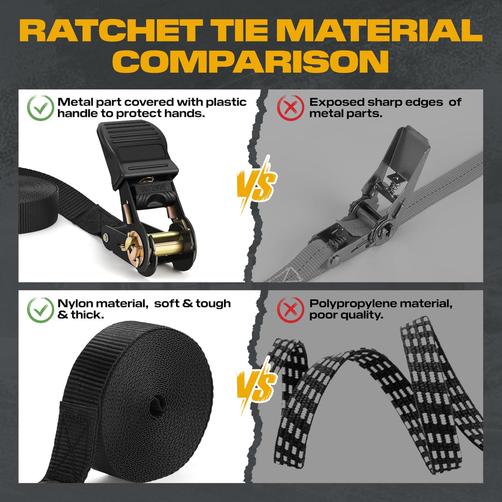 Ratchet Straps with Hook, 6M x 25MM, Heavy Duty, 4 Pack/Black