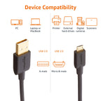 Amazon Basics 5-Pack Micro USB Cable, USB 2.0, 3 m, Black