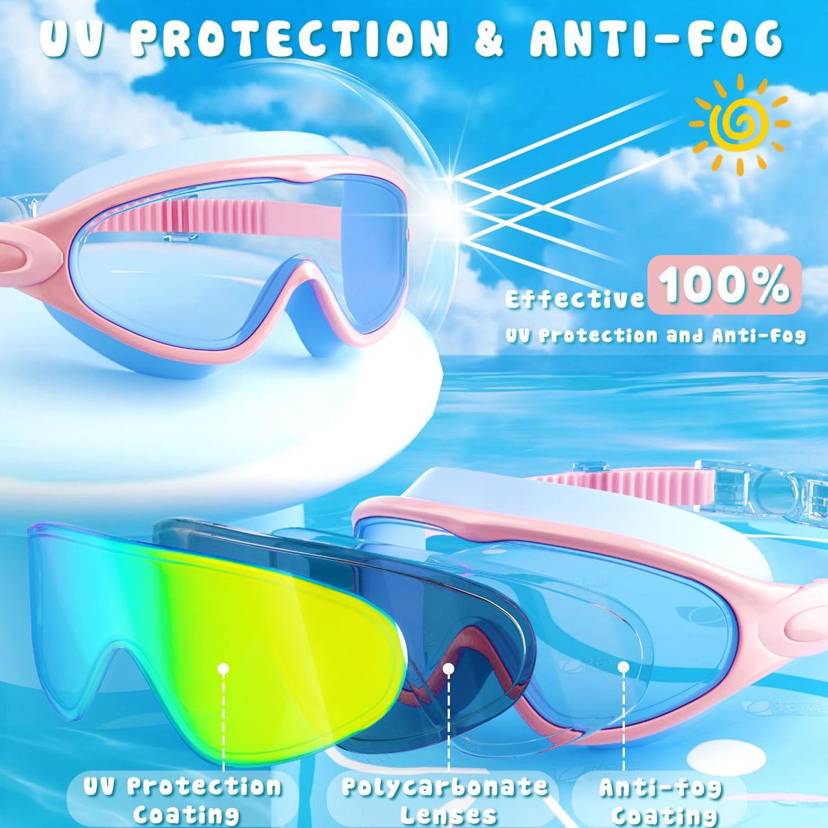 COOLOO Kids Swimming Goggles for Age 3-15, 2 Pack Anti Fog Kids Goggles