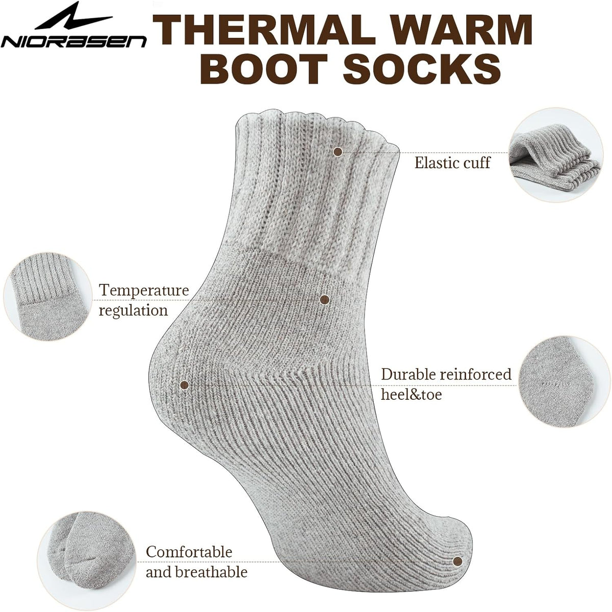 Niorasen Women's Thermal Socks, 3 Pairs Full Cushioned, Cosy Gift Winter