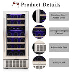 Electactic 48 Can Beverage Refrigerator,12 Bottle Wine Cooler with Seamless Stainless Steel & Glass Door, Digital Temperature Display, Countertop Mini Fridge for Soda, Wine or Beer, Silver