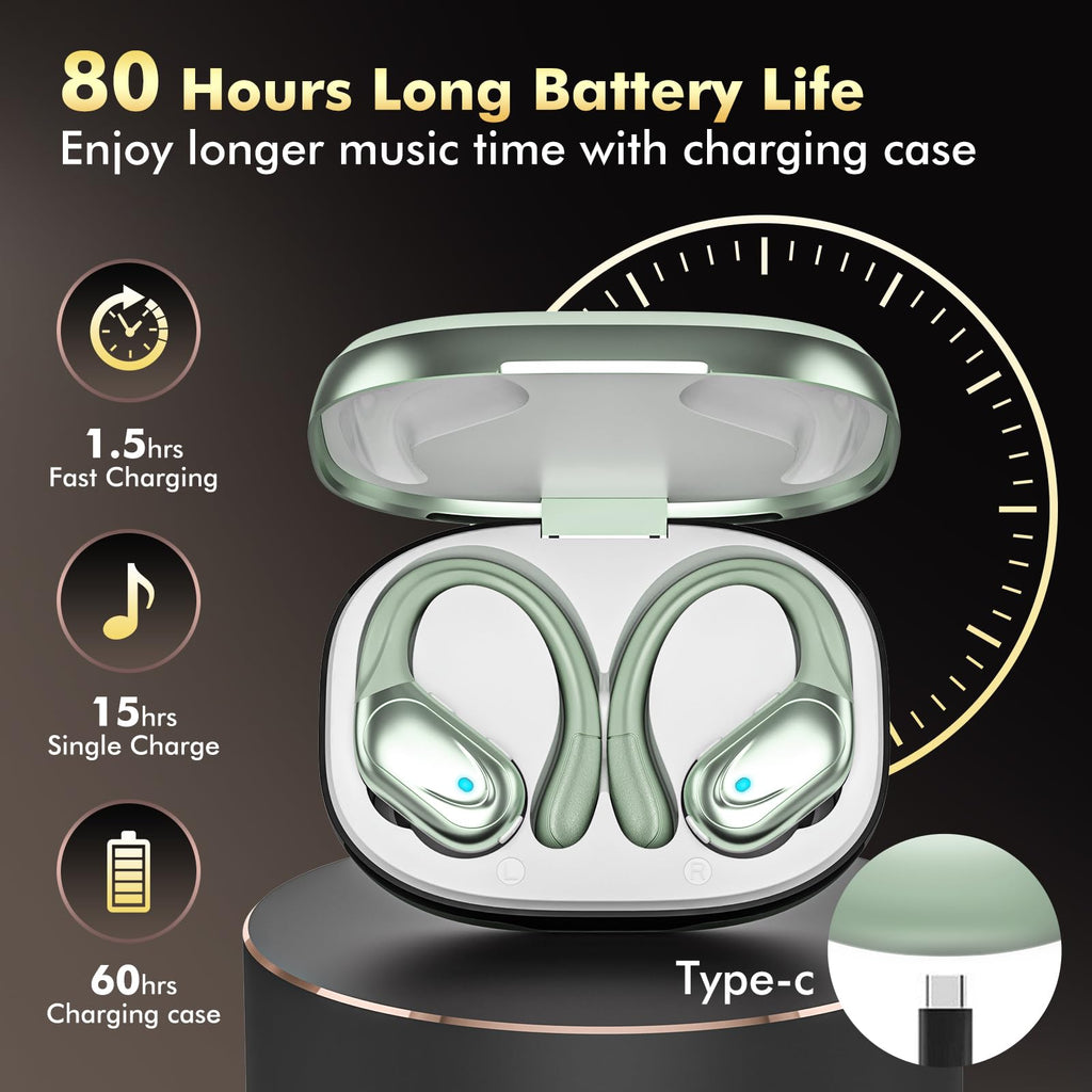 HAOYUYAN Wireless Earbuds, Sports Bluetooth Headphones, 80Hrs Playtime Ear Buds with LED Power Display, Noise Canceling Headset, IPX7 Waterproof Earphones for Workout/Running (Camel)