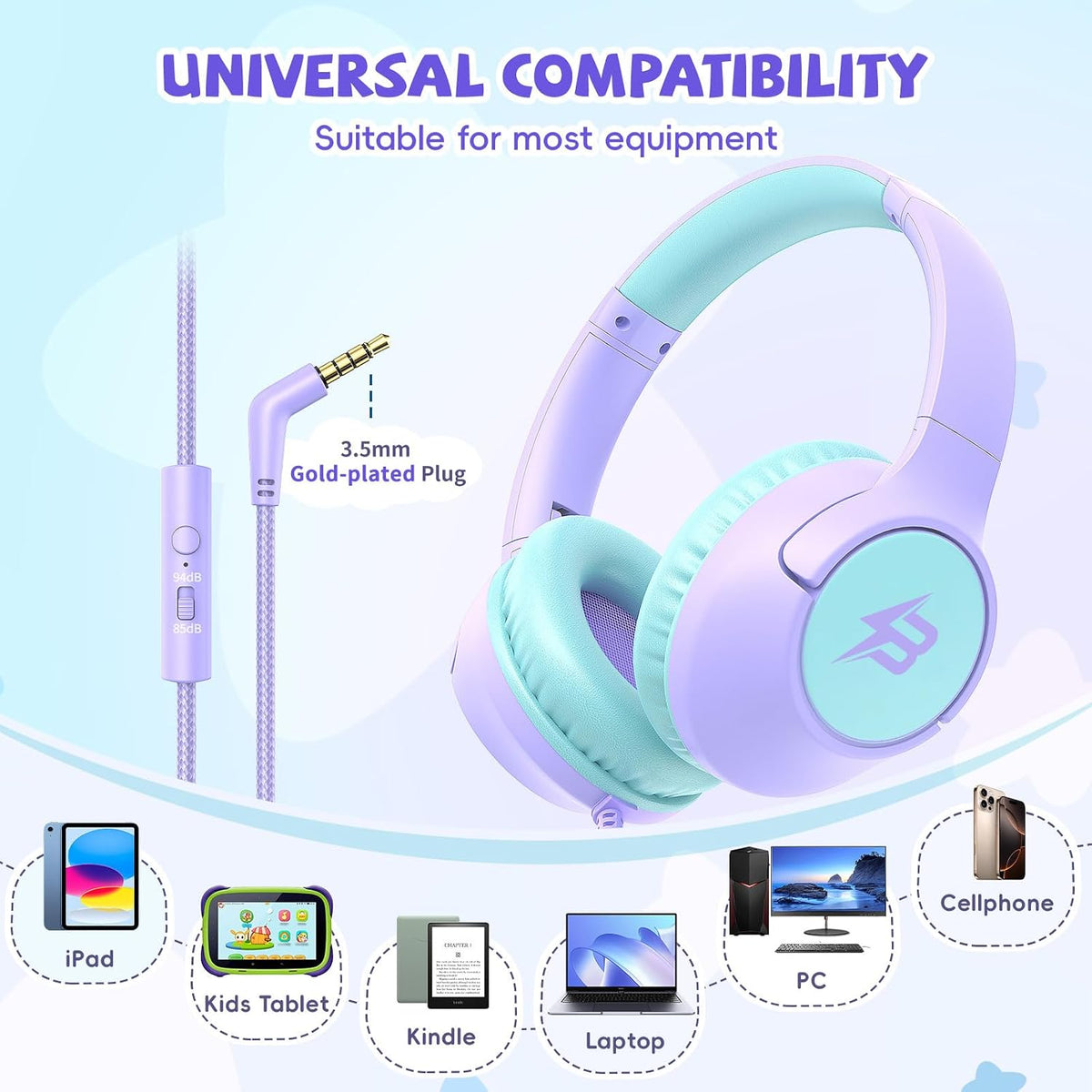 Botesty Sound Kids Headphones Wired for School, 3.5 Plug Safe Volume Purple