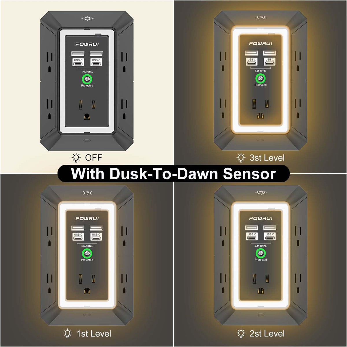 Multi Plug Wall Outlet Night Light, POWRUI 6 Outlet Extender & 3 USB Ports