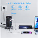Tower Extension Lead 2M, 12 Way, 6 USB, 4 Independent Switches