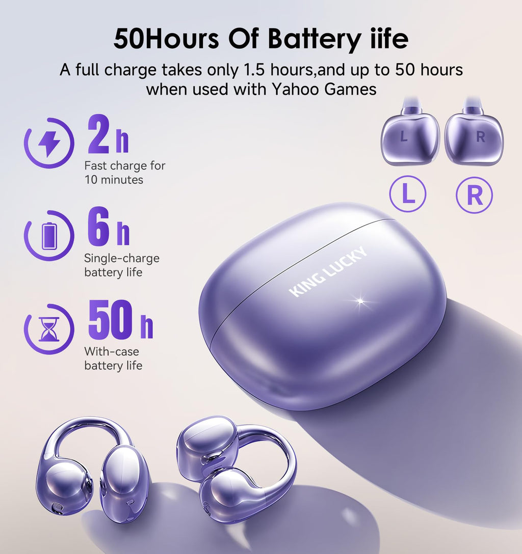 Kinglucky Clip-On Earbuds Gen 3, Open-Ear Wireless Bluetooth 6.0 Headphones with Mic, Secure Fit for Small Ears & Glasses Wearers, 50H Playtime, LED Digital Display, ENC, IPX5 Waterproof(Balck)