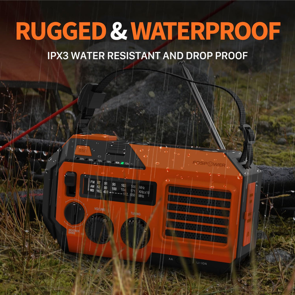 FosPower NOAA Emergency Weather Radio A1 7400mWh Solar Hand Crank (Orange)