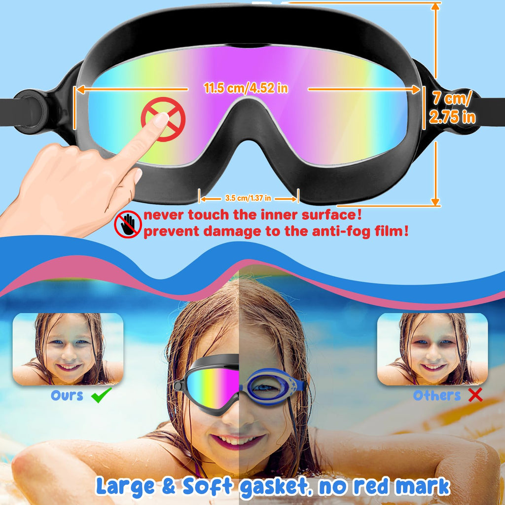 COOLOO Kids Swimming Goggles for Age 4-14, 2 Pack Wide Vision Kids Goggles