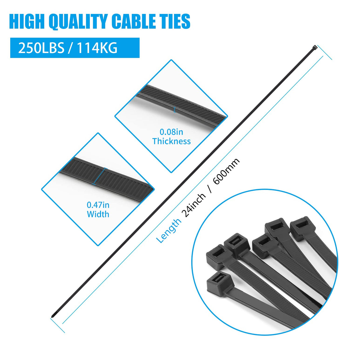 Armpow 18 inch Black Zip Ties Heavy Duty 100 PACK, 220 LBS Ultra Exclusive Strong Plastic Wire Ties, Large Cable Ties Extra Long Tie Wraps, Indoor and Outdoor UV Resistant