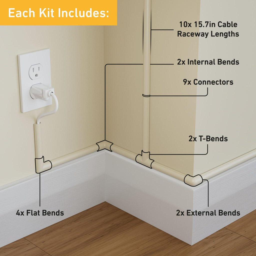 D-Line 157in Cord Cover Kit, Self-Adhesive Wire Hiders, Paintable Cable Raceway to Hide Wires on Wall, Electrical Cable Management - 10x 15.7 Lengths & 19 Accessories - 1.18" (W) x 0.59" (H) - Beige