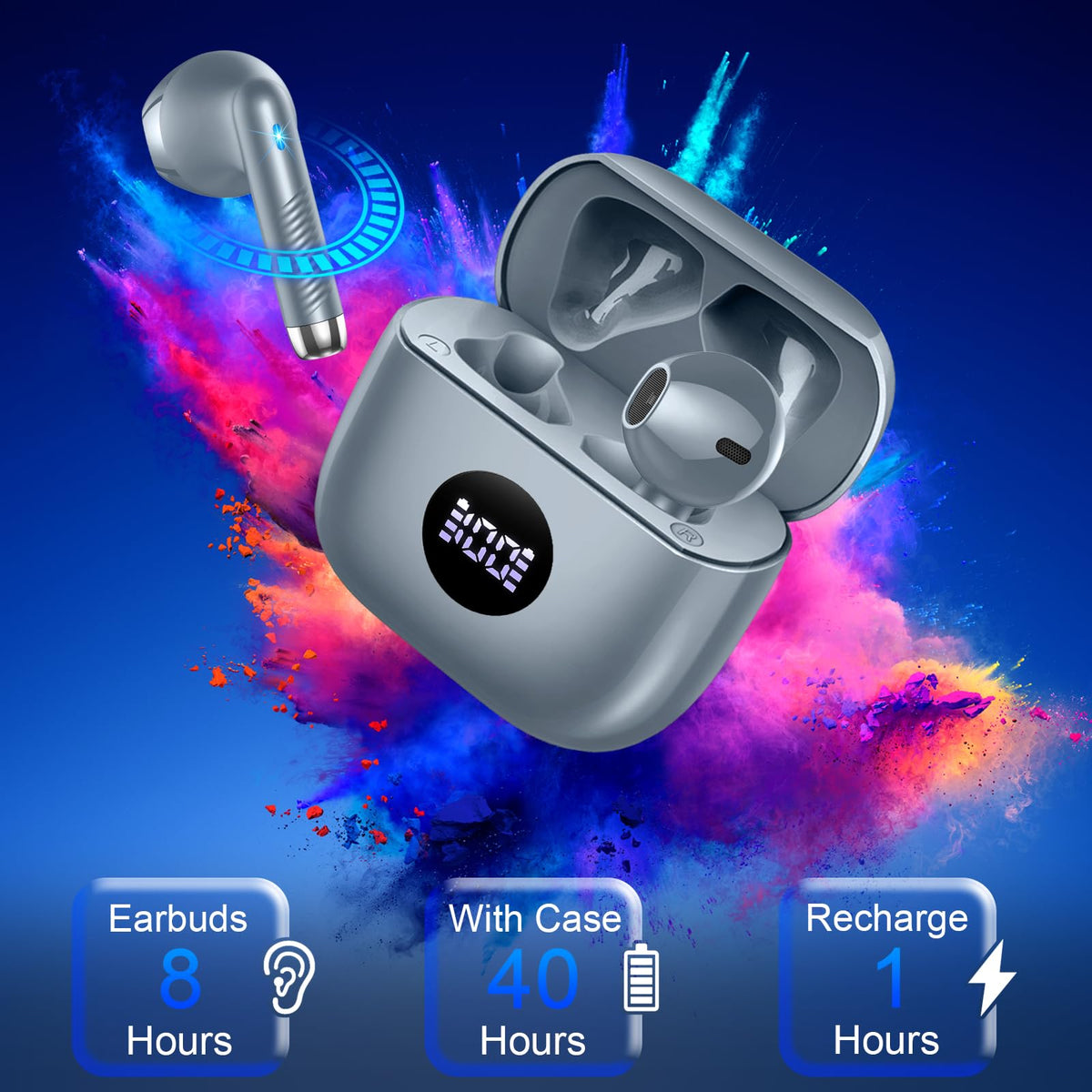 Wireless Earbuds, Bluetooth 5.4 Ear Buds, LED Power Display, 6D Bass Stereo