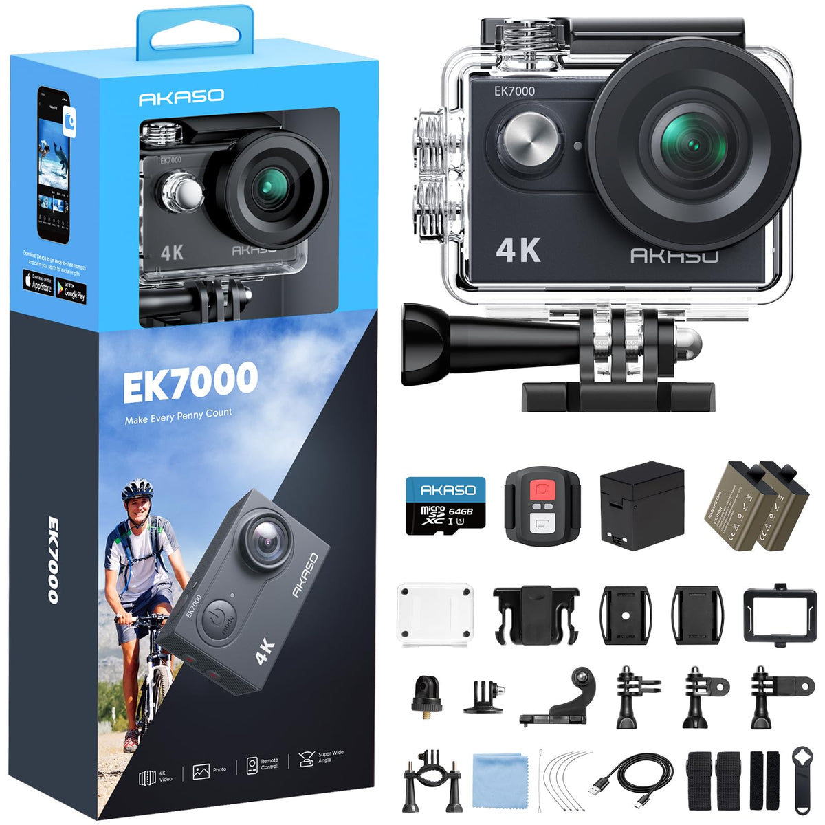 AKASO EK7000 4K30FPS 20MP WiFi Action Camera with EIS Ultra HD 131FT Waterproof Underwater Camera Remote Control 4X Zoom Support External Microphone Blue