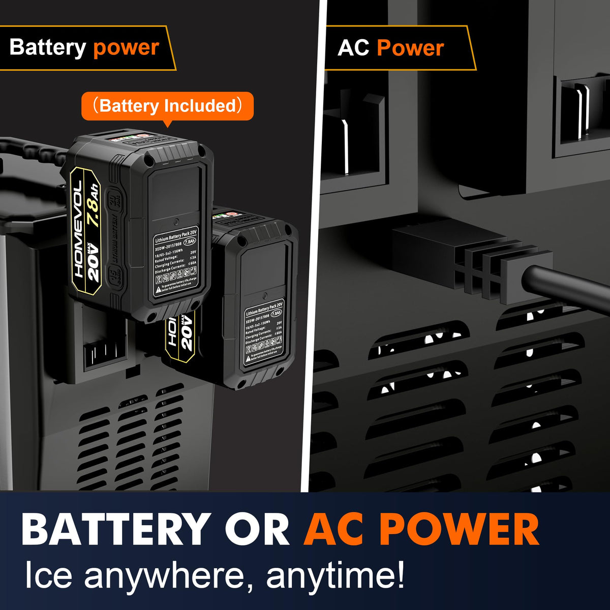 2 in 1 Cordless Countertop Ice Maker, Battery Powered Portable Countertop Ice Machine, 6-Minute Fast Ice Cubes with 2 Size, 40lbs Daily, 40dB Quiet, Self-Cleaning, 2 × 7.8Ah Battery, Stainless Steel
