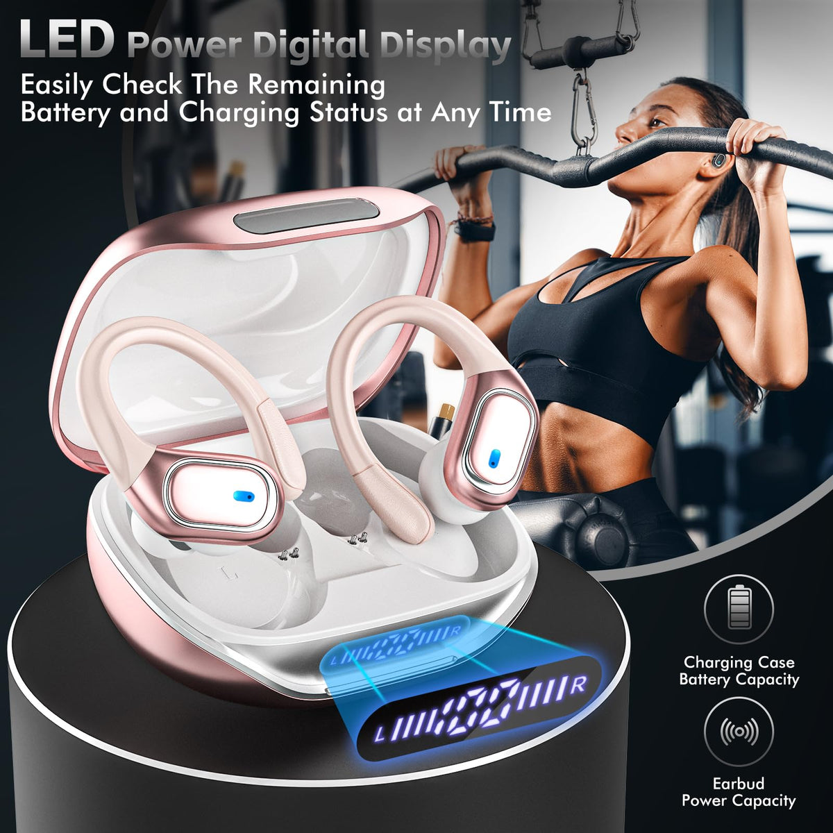 HAOYUYAN Wireless Earbuds, Sports Bluetooth Headphones, 80Hrs Playtime Ear Buds with LED Power Display, Noise Canceling Headset, IPX7 Waterproof Earphones for Workout/Running (Camel)