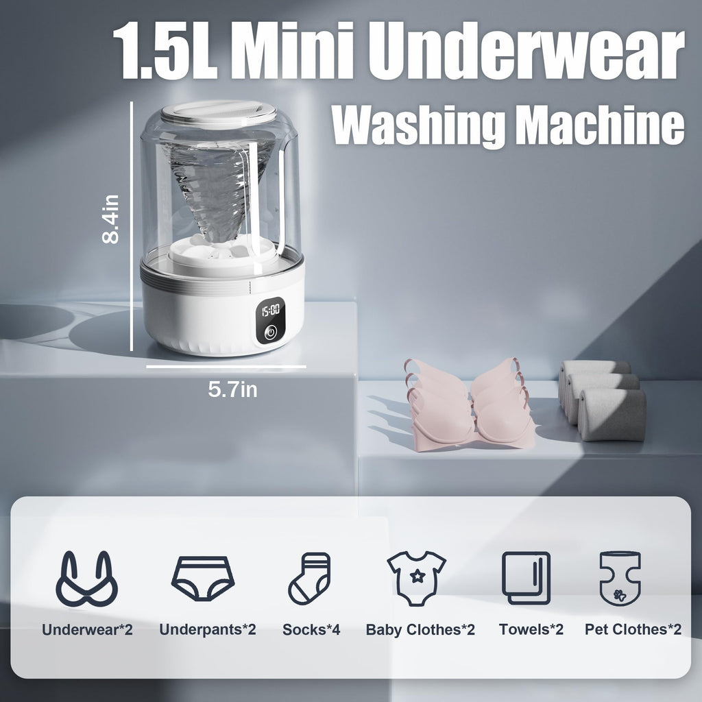Underwear Washing Machine, Upgrade 1.5L Mini Portable Washing Machine Rechargeable Underwear Washer Deep Cleans Small Clothes for Apartment, Dorm, RV, Travel & Hotel Use(White)
