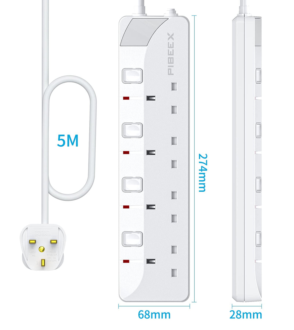 PIBEEX Extension Lead 2 Way Plug Sockets with Individual Switches Wall Mountable Power Strip 3M Extension Cable 13A Fused UK Plug 3250W