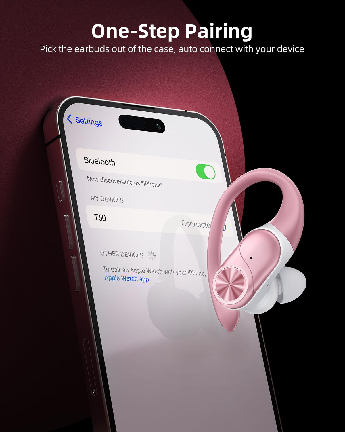 PocBuds Bluetooth Headphones Wireless Earbuds 80hrs Playtime Wireless Charging Case Digital Display Sports Ear Buds with Earhook Deep Bass IPX7 Waterproof Over-Ear Earphones for TV Phone Laptop Pink