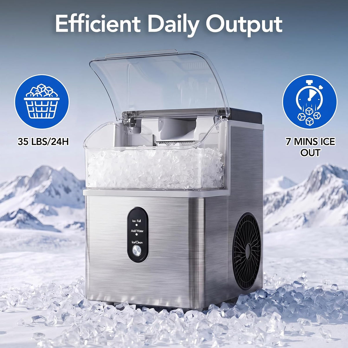 Electactic Nugget Ice Maker Countertop, 35Lbs/24H, Ready in 7 Mins Pebble Ice Maker Machine, Self-Cleaning Pellet Ice Maker with Ice Scoop&Basket, Countertop Sonic Ice Makers for Home, Stainless Steel