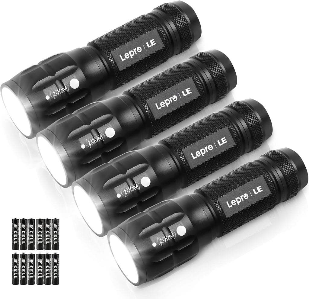 LE LED Torch, LE1000 Powerful Handheld Flashlight, Adjustable Focus, 4 PCs