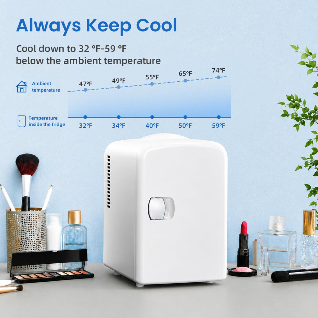 Antarctic Star Compact Refrigerator, Portable Mini Fridge, Skin Care 4L Capacity/6 Cans, for Bedroom, Car, Office & Dorm, Small Cooler for Cosmetics, Beverage and Food, White